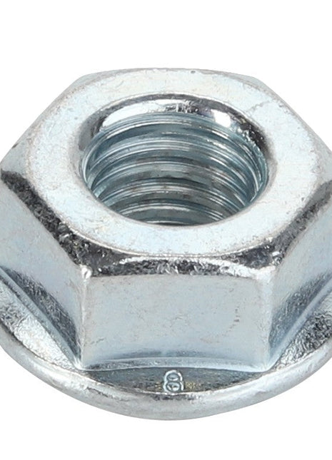Close-up image of the AGCO Nut - Acp0281330, a metallic hex nut with a threaded circular hole, designed for fastening onto a bolt.