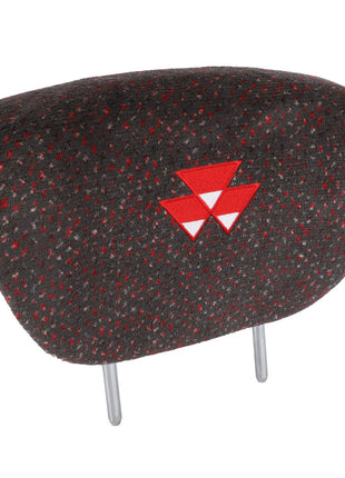 A grey and red AGCO car seat headrest (product number 3909466M91) featuring a red geometric logo with three white triangles in the center, perfect for Massey Ferguson and Dyna-6 tractors.