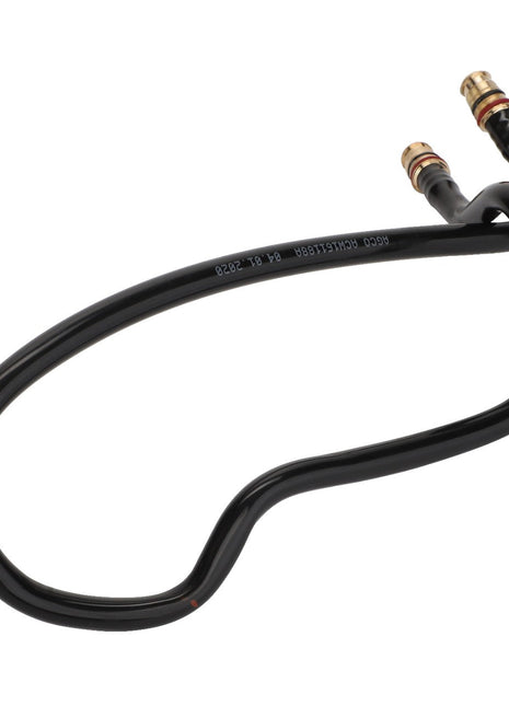 The AGCO Tube - Acw161188A is a sleek black, curved automotive hose with sturdy metallic fittings at both ends.