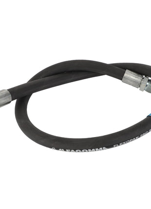 The AGCO Hose - Acw3126910 is a black flexible hose with metal fittings on both ends, featuring a distinctive blue band and labeling along its length. Note: No current product description information is available for this item.
