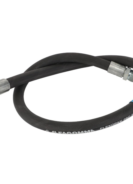 The AGCO Hose - Acw3126910 is a black flexible hose with metal fittings on both ends, featuring a distinctive blue band and labeling along its length. Note: No current product description information is available for this item.