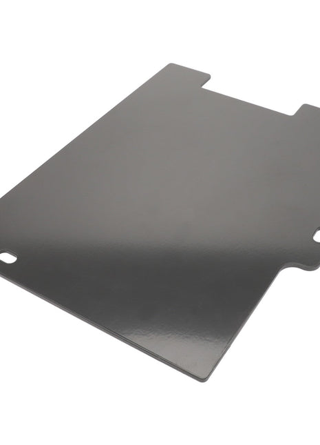 The AGCO Access Plate - Acw089560A is a rectangular metal plate with rounded and notched edges, featuring two holes for mounting, making it perfect for secure installations.