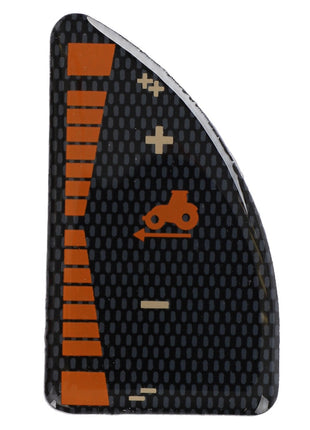 Close-up of an AGCO Decal (Product Number: 4280225M1) featuring a black background with an orange icon resembling a motorcycle, along with additional orange markings and symbols. No current product description available.