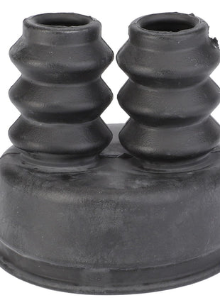 The AGCO | RUBBER SHIELD - V30420700, a black rubber grommet with two ribbed cylindrical extensions side by side, is expertly designed for sealing and protecting wires or cables, ensuring durability and efficiency.