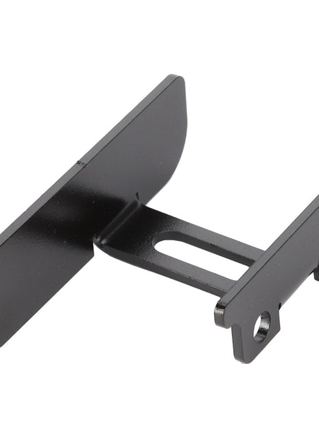 Introducing the AGCO Bracket - Acw040688A by AGCO: a black metal bracket featuring two mounting holes on one end and a flat, curved surface on the other. Note: Product description details are currently unavailable.