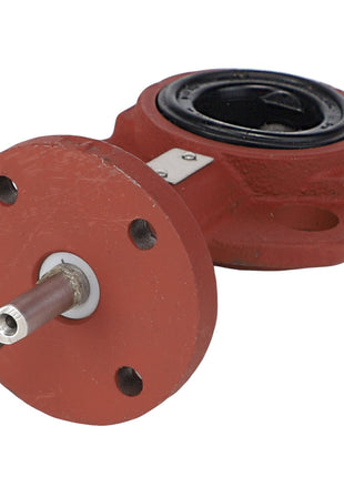 There is currently no product description available for the AGCO BUTTERFLY VALVE - AG518486, a red industrial machine component with a circular base, a protruding shaft, and three visible holes for mounting.