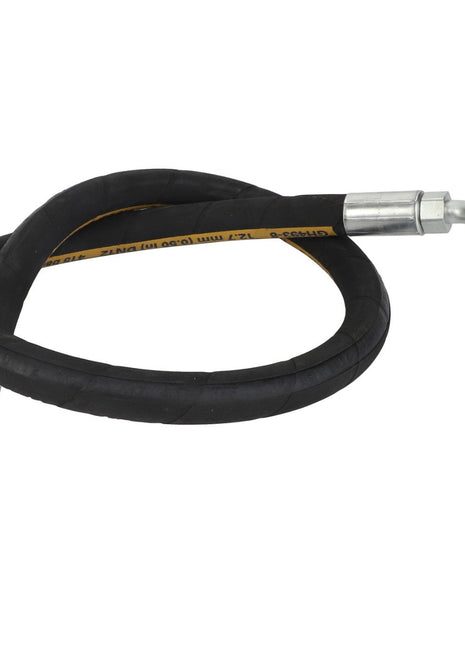 No current product description information is available for the AGCO Hydraulic Hose (D46150582), a coiled black hydraulic hose with metal fittings on both ends.