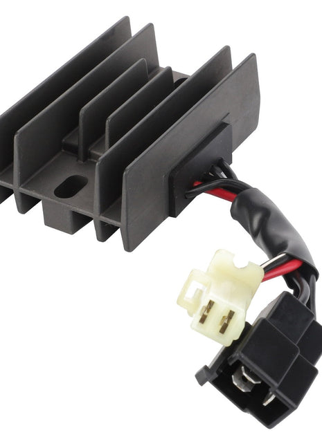 The AGCO | REGULATOR - ATV3530-014 is a sleek black electronic component with distinctive fins and an attached wiring harness, featuring both a white and a black plug.