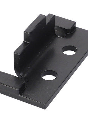 A black metal bracket branded as AGCO, known as the STRAP - D28885852, featuring two round holes and two raised hooks on either side. No current product description information is available.