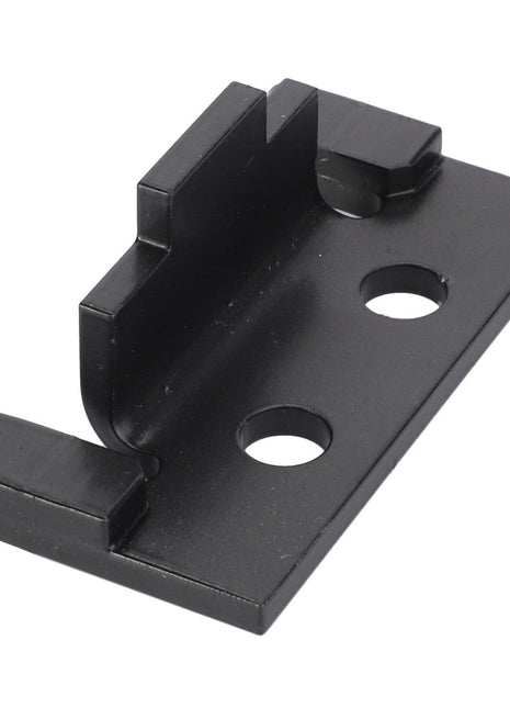 A black metal bracket branded as AGCO, known as the STRAP - D28885852, featuring two round holes and two raised hooks on either side. No current product description information is available.
