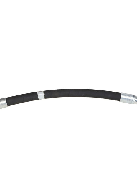 Introducing the AGCO Hydraulic Hose (AG333448), a black hose equipped with metal fittings on both ends—one straight and one bent at a right angle—from the trusted brand, AGCO. Further product description information is currently unavailable.