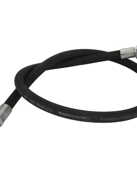 The AGCO Hydraulic Hose - Acw074966A is a black, flexible, abrasion-resistant hydraulic hose that features metal fittings on both ends—one with a straight connector and the other with an angled connector. The high-performance hose displays manufacturer information.