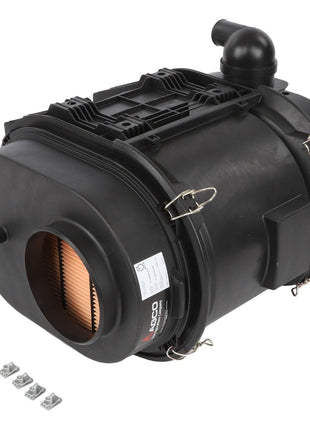 The AGCO | Air Filter - Acw0456280, a sleek black air filter housing unit with an exposed filter element, designed for industrial or automotive use, is showcased featuring three sturdy metal clips.