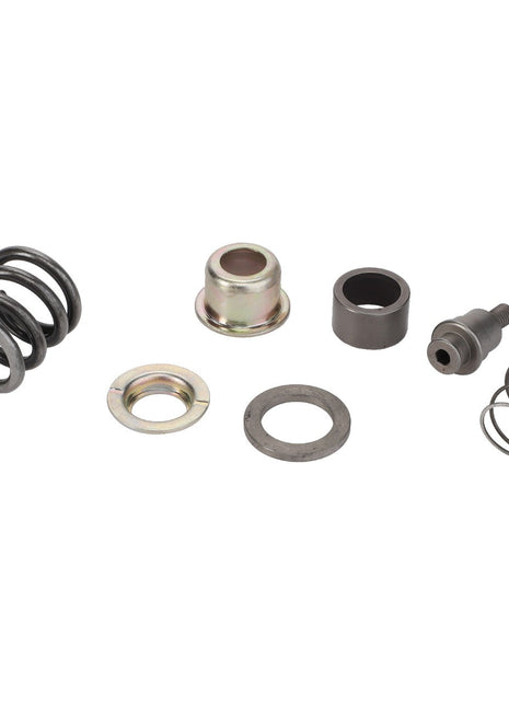 AGCO's meticulously arranged metal mechanical components, including springs, washers, bushings, and the AGCO SPOOL - AL10570086, displayed on a pristine white background.