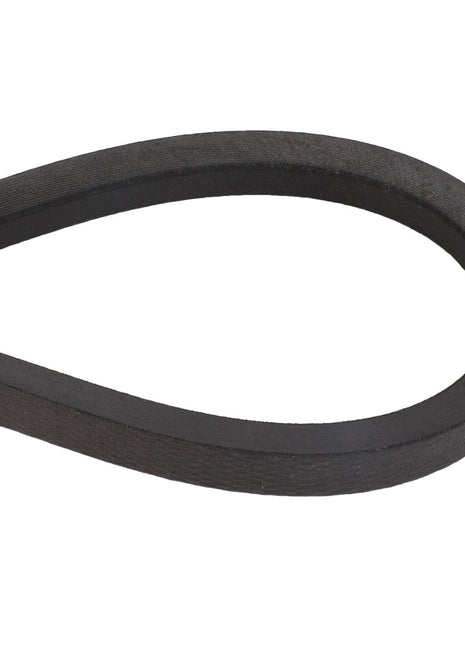 AGCO | V BELT - D41992700: Close-up of a black rubber V-belt from AGCO, looped into a teardrop shape with a textured surface and visible edges.