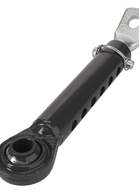 Introducing the AGCO | Stabilizer - Acw056882A, a durable black adjustable linkage rod featuring perforations and a sturdy metal attachment loop at one end, designed for versatile use.