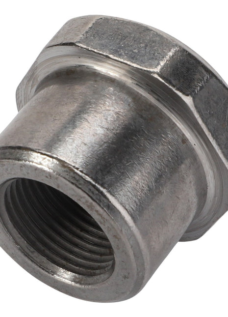 A close-up of the AGCO Thrust Piece - F931150071100, featuring a threaded interior and a hexagonal exterior for wrench compatibility; no current product description information is available.