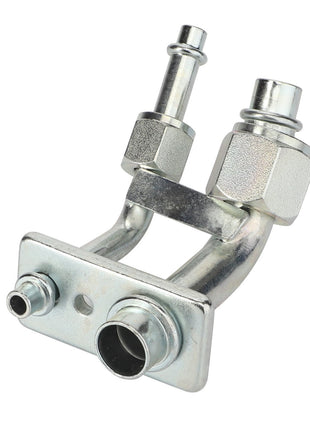 The AGCO Union - Acw0214410 is a metallic fitting featuring multiple connectors and a mounting plate, specifically designed for use in fluid or gas transfer systems. Currently, no additional product description information is available.