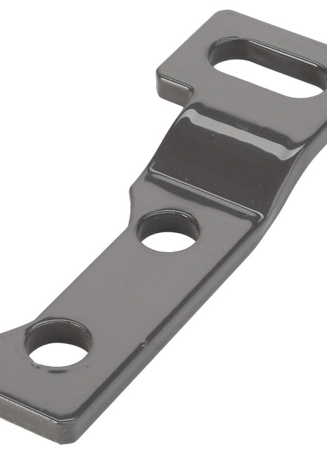 The AGCO BRACKET - D28188004 is a sturdy, metallic bracket with three precise holes, including one elongated slot, engineered for secure fastening or mounting.