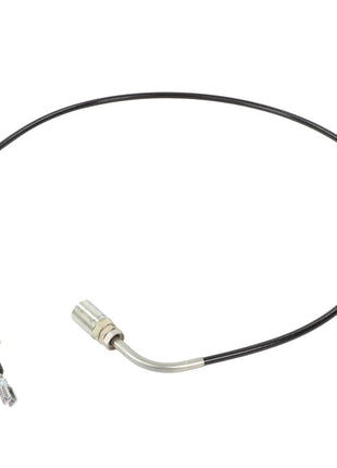 Product Description: The AGCO | Cable - 6305404M91, made by AGCO, is a black cable featuring a metal connector on one end and a small rectangular attachment on the other end.