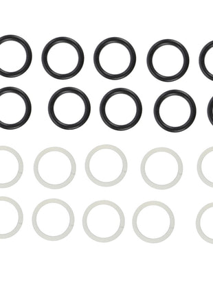 A set of eight black AGCO O RING - AL4500386 and eight white washers, arranged in two rows on a white background.