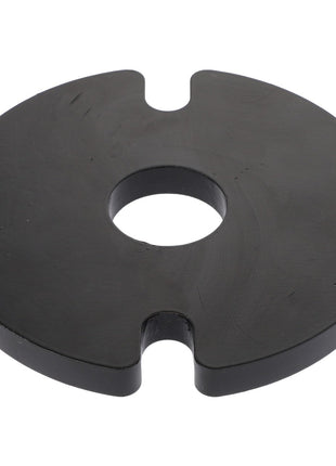 The AGCO WASHER - E65021 is a flat, circular black disc featuring a central hole and two small notches positioned on opposite sides. Currently, no additional product description information is available.