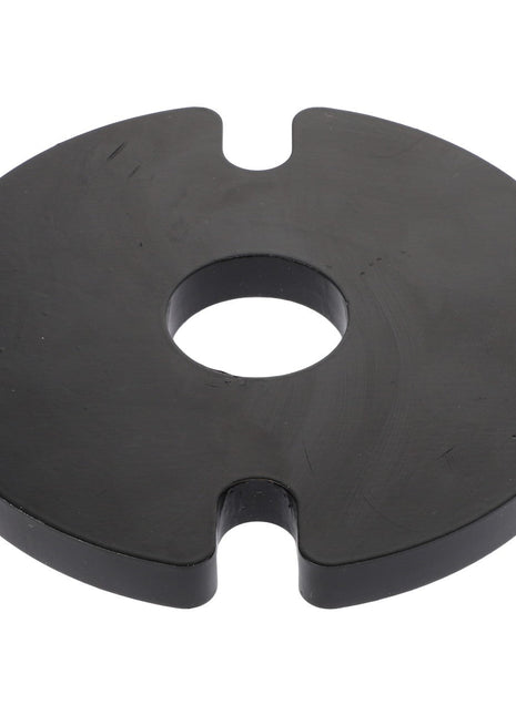 The AGCO WASHER - E65021 is a flat, circular black disc featuring a central hole and two small notches positioned on opposite sides. Currently, no additional product description information is available.