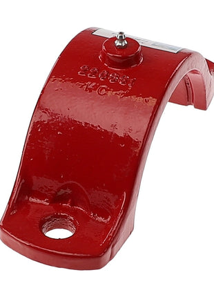 No current product description available for the AGCO Clamping Cap - Acp0015650, a red-painted metal bracket designed with a bolt and a hole for mounting.