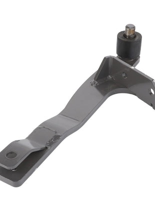 The AGCO Left Hand Arm - Acw0943300 is a gray metal mechanical part with a curved design. It features a bolt and cylindrical component at one end and two holes at the other end.