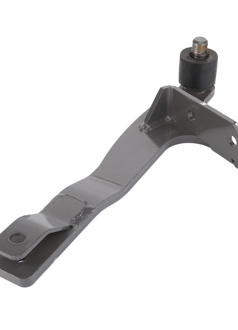 The AGCO Left Hand Arm - Acw0943300 is a gray metal mechanical part with a curved design. It features a bolt and cylindrical component at one end and two holes at the other end.
