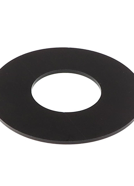 The AGCO WEAR PAD - SN19471, a flat, black, round washer with a central hole, is commonly used in mechanical and structural applications.