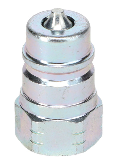 Close-up of the AGCO QUICK COUPLER - AL5045016, a metallic hydraulic quick-connect fitting with a threaded end designed for securely and efficiently connecting fluid transfer lines. Compatible with various machine sizes, this AGCO quick coupler ensures a reliable connection.