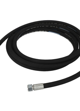 A coiled black hydraulic hose with metal connectors on both ends. Product Name: AGCO Hydraulic Hose - Fel150394 by AGCO. No current product description available.