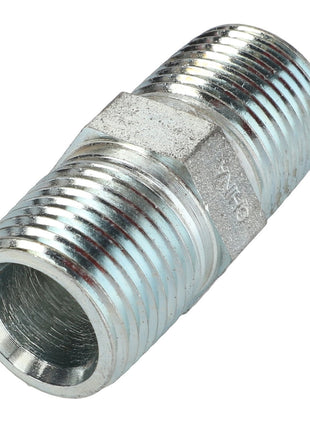 A close-up view of the AGCO Adapter - Acp0019130, a metal hex nipple fitting with male threaded ends on both sides, designed for connecting two female-threaded pipes. No current product description available for this adapter from AGCO.