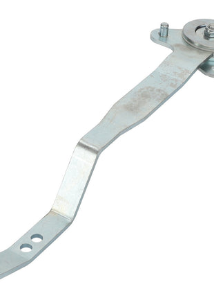The AGCO Lever - Acp0667220 is a metal bracket with a curved arm and circular pivot point, featuring two precisely drilled holes and a thoughtfully bent section.