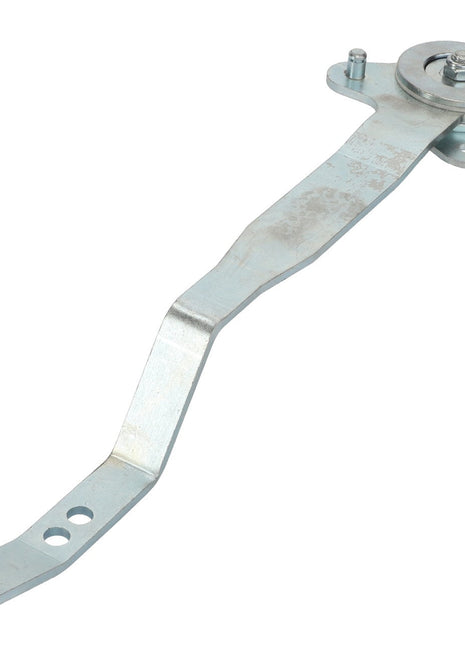 The AGCO Lever - Acp0667220 is a metal bracket with a curved arm and circular pivot point, featuring two precisely drilled holes and a thoughtfully bent section.