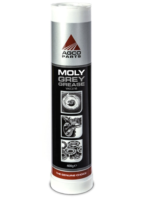 A cylindrical container labeled "AGCO Parts Moly Grey Grease 400G - Vacc3735" showcasing images of machinery components. Featuring Molybdenum Disulphide for optimal performance under high load conditions, this silver and black product from AGCO has a net weight of 400g.