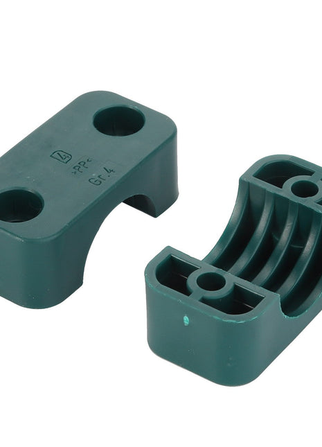 Two AGCO | CLAMP - D45738200 green plastic U-shaped pipe clamps, one facing upward and the other downward, each with convenient screw holes on the sides for secure installation.