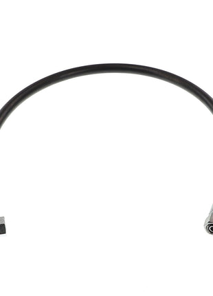 A black flexible hose, AGCO | HYDR. HOSE - AL1103430, featuring metal fittings on both ends, one of which is elegantly bent at a right angle.