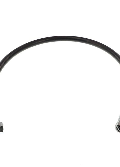 A black flexible hose, AGCO | HYDR. HOSE - AL1103430, featuring metal fittings on both ends, one of which is elegantly bent at a right angle.