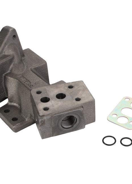 An AGCO Bracket Kit - Acp0363010, featuring a metal hydraulic adapter block with three O-rings and a flat gasket placed neatly beside it.