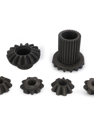 A set of six black metal bevel gears from AGCO, arranged on a white background, featuring the Differential Gear Wheel - F718301020130.