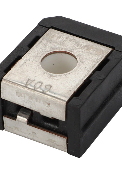 The AGCO | Fuse - Acx2885460 is a small, rectangular black and silver electronic component featuring a central hole and top markings reading "50A." No further product description information is available at this time.