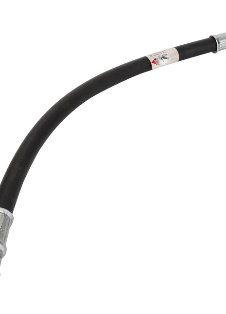 The AGCO Hydraulic Hose - Acp0003230, a flexible black rubber hose designed for durability and strength, curves gracefully in an arc and features durable metallic connectors at both ends.