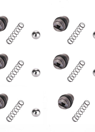 Six sets of metal components, featuring AGCO's VALVE - AL5034117 with hexagonal nuts, springs, and balls, are meticulously arranged in a grid pattern on a pristine white background.