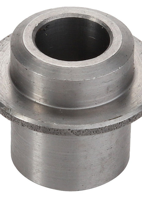 The AGCO | BUSH - D28751218 is a cylindrical metal bushing with a flange that includes a central hole and features a precisely machined surface.