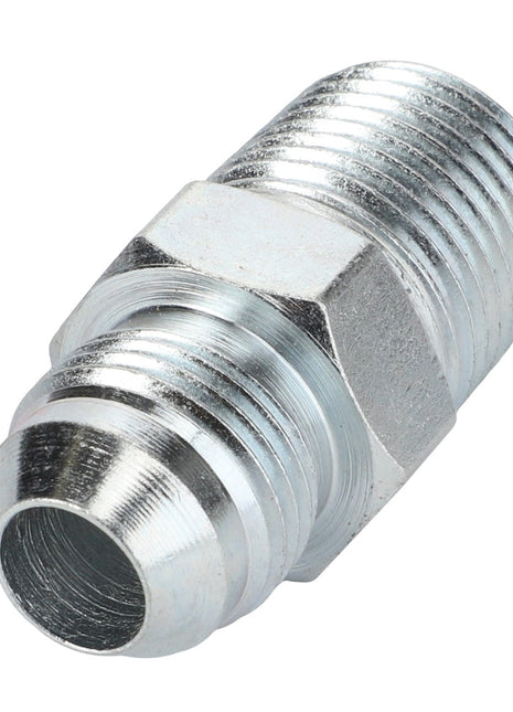 A close-up of the AGCO Adapter Fitting - Acp0011400, showcasing its metallic threaded design with a hexagonal middle section and a conical end, specifically engineered for connecting two sections of pipe. No current product description available.