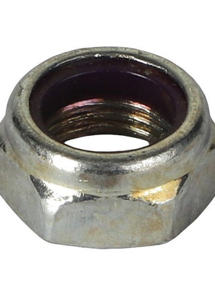 A close-up image of the AGCO | NUT - AG712503, a hexagonal metal nut with a threaded inner hole from the brand AGCO.