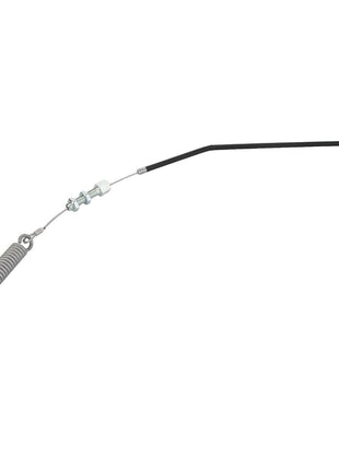 An isolated image of the AGCO | CABLE - CG3820046012, a mechanical cable assembly from AGCO, featuring a coiled spring at one end and a cylindrical connector at the other, encased in a durable black protective sheath.