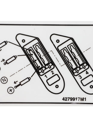 Diagram showing instructions for inserting four batteries into a device, indicating proper orientation with positive and negative signs. Product: AGCO | Decal - 4279917M1. Brand: AGCO.